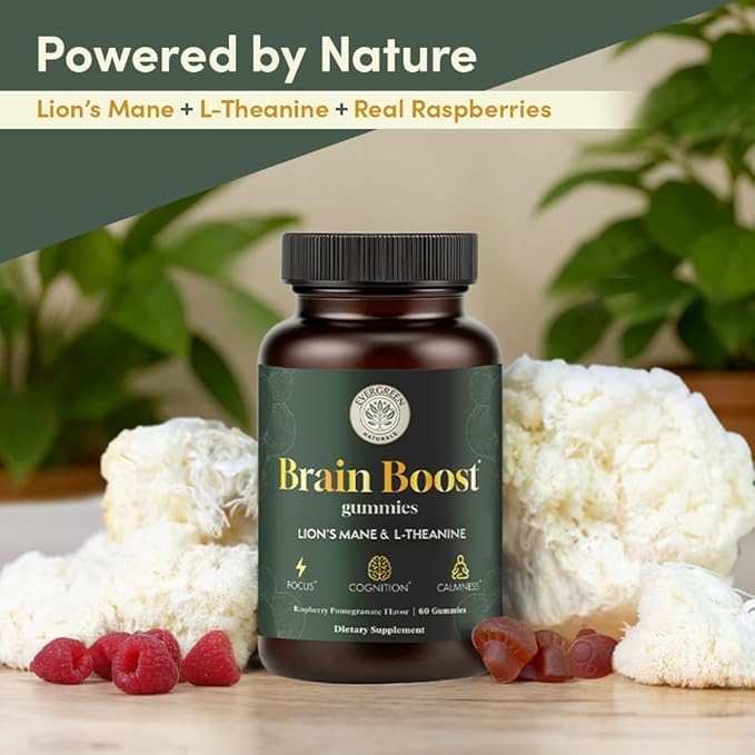 Lion’s Mane Mushroom Gummies 10:1 Extract with L-Theanine 200mg - Nootropic Cognitive Support for Focus, Memory & Calm Energy - Vegan, Non-GMO, Gluten-Free - Pomegranate Raspberry Flavor - 60 Count
