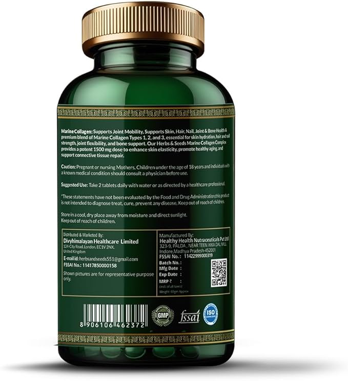 Herbs & Seeds Marine Collagen Pills for Women & Men, 120 Capsules | Type I, II, III, V, X - Hydrolyzed Collagen Peptides with Biotin, Hyaluronic Acid & Vitamin C,E Skin, Hair, Nail & Joint Support