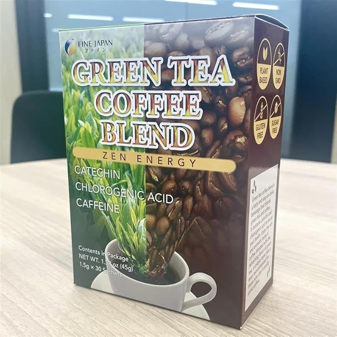 FINE JAPAN Green Tea and Coffee Blend Powder/Catechins and Chlorogenic Acid/Made in Japan/ 30 Sticks (45g)