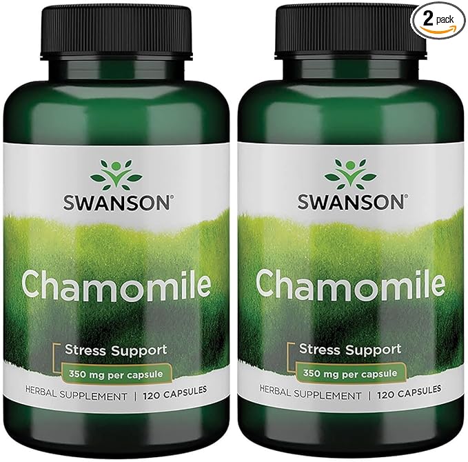Swanson Chamomile Stress Support - Made with German Chamomile Flower - Herbal Supplement to Promote Stress, Relaxation and Sleep Support - Helps Easy Body and Mind - (120 Capsules), 2 Pack