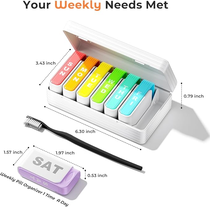 Betife Removable Travel Pill Organizer, Weekly Pill Organizer for 1 Time a Day with Easy Sliding Drawers, Large Pill Box with Airtight Seals for Supplements and Vitamins, White