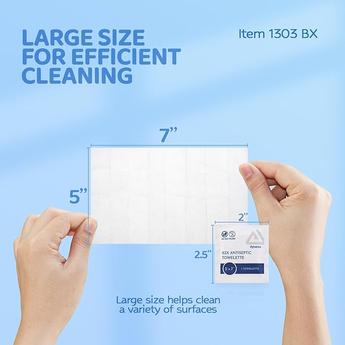 Dynarex BZK Antiseptic Towelettes, Moist Sanitizing Towelettes Designed to Prevent Infection in Minor Wounds, 5x7, Disposable & Individually Wrapped, 1 Box of 100 (Packaging May Vary)