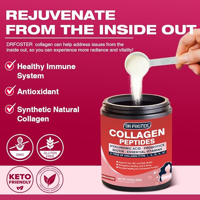 DRFOSTER Multi Collagen Peptides Powder with Probiotics - Type I II III V X Hydrolyzed Collagen Peptides with Multivitamins, Hyaluronic Acid & Biotin - Support Skin Hair Nail Joints & Gut, 35 Servings