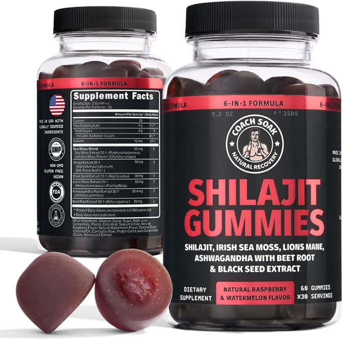 Coach Soak Shilajit Gummies 6-in-1: Tasty Raspberry Watermelon Flavor with Ashwagandha, Lion’s Mane, Irish Sea Moss, Beet Root & Black Seed Oil - Lab Tested Pure Shilajit for Men and Women | 60 ct