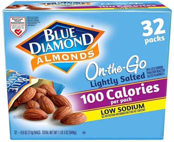 Blue Diamond Almonds Low Sodium Lightly Salted Snack Nuts, 100 Calorie Packs, 0.6 Ounce (Pack of 32)