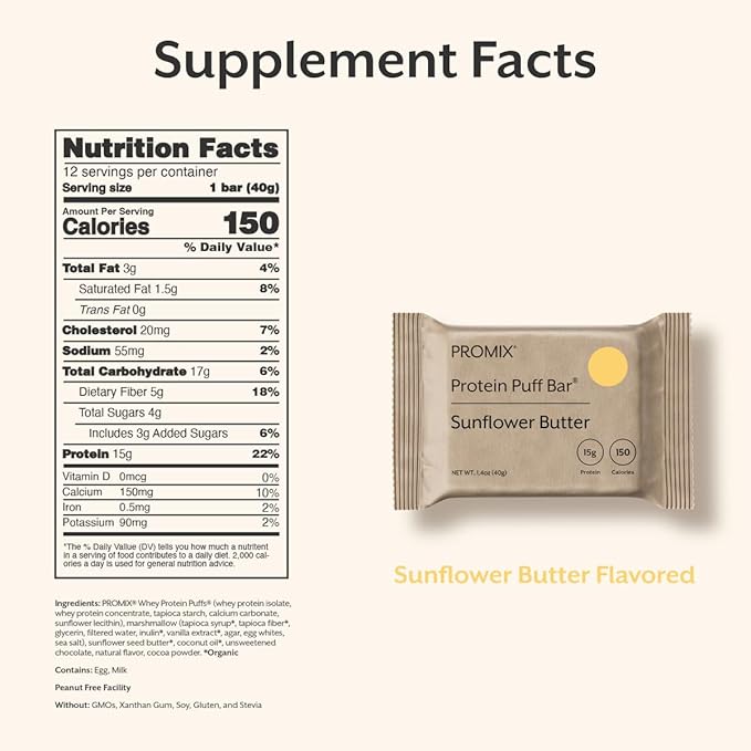 ProMix Nutrition Protein Puff Bars - Sunflower Butter - Marshmallow Crispy Treat - Great Tasting & Healthy On The Go Snack - High Protein & Low Calorie - Free From Gluten, Soy, & Corn - 12 Bars