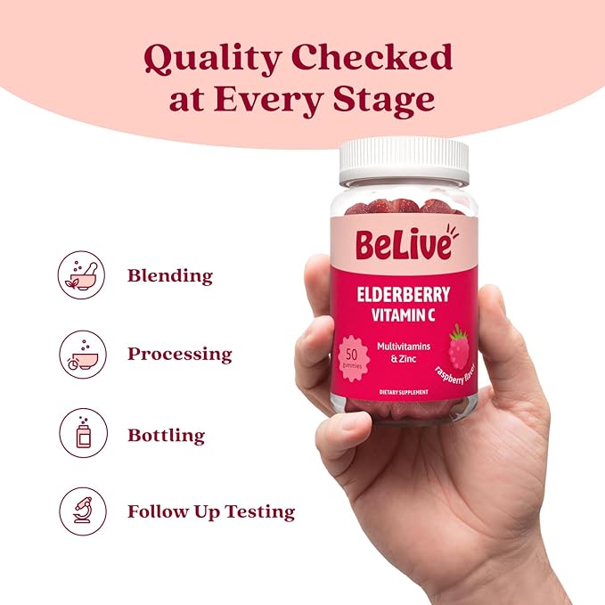 BeLive Elderberry Gummies with Zinc and Vitamin C - Immune Support Supplement with Vitamin D, A, E, B12 - Gummies for Healthy Bones & Teeth, Vegan, Keto & Non-GMO - Raspberry Flavor | 2-Pack
