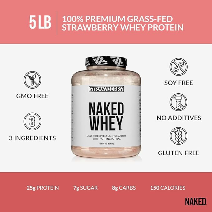 NAKED Strawberry Whey Protein - All Natural Grass Fed Whey Protein Powder + Dried Strawberries + Coconut Sugar- 5lb Bulk, GMO-Free, Soy Free, Gluten Free. Aid Muscle Growth & Recovery - 61 Servings