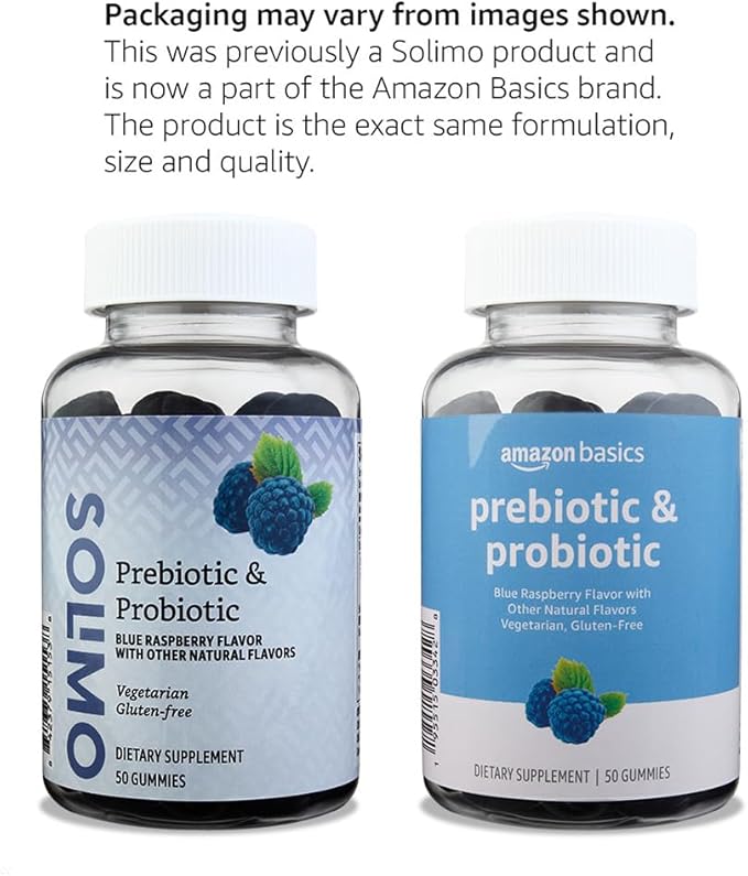 Amazon Brand - Solimo Prebiotic & Probiotic Gummies, 2 Billion CFU, Blue Raspberry, 50 Count (2 per Serving)