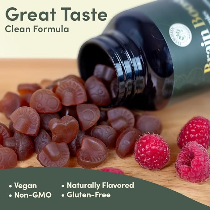 Lion’s Mane Mushroom Gummies 10:1 Extract with L-Theanine 200mg - Nootropic Cognitive Support for Focus, Memory & Calm Energy - Vegan, Non-GMO, Gluten-Free - Pomegranate Raspberry Flavor - 60 Count