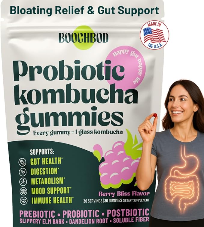 Probiotic Kombucha Gummy - Prebiotics, Probiotics, Postbiotics, Fiber Supplement, Slippery Elm, Dandelion Root, MCT Oil, for Bloating, Gut Health - Probiotics for Women and Men