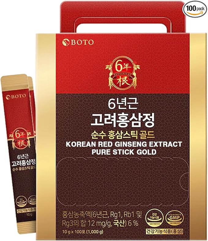 BOTO 6 Year Korean Red Ginseng Extract Pure Stick Gold | Premium Korean Ginseng Supplement for Daily Vitality | 100 Sachet.