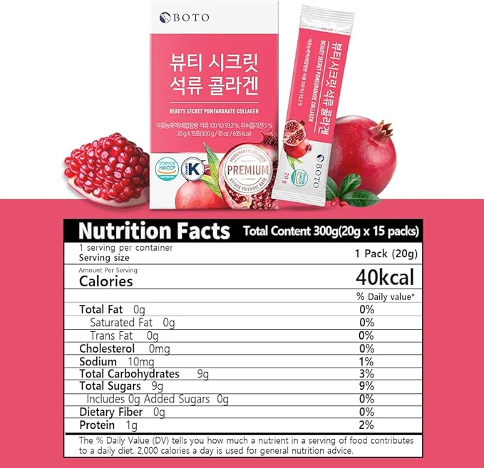 BOTO Beauty Secret Pomegranate Collagen 20g - Korean Beauty Collagen Jelly Stick, Low Molecular Fish Collagen, Pomegranate Flavored - Packs of 15