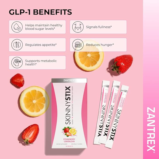 Zantrex SkinnyStix Strawberry Lemonade GLP-1 Support Drink Mix, Energy & Metabolic Support Powder, Appetite Control, 30 Single-Serving Packets