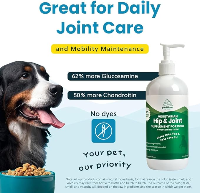Paramount Pet Health Plant-Based Liquid Glucosamine for Dogs, 1600mg Joint Support Chondroitin, MSM & Omega 3-6-9, Shellfish-Free Dog Arthritis Supplement for Mobility & Flexibility Made in USA 16 oz