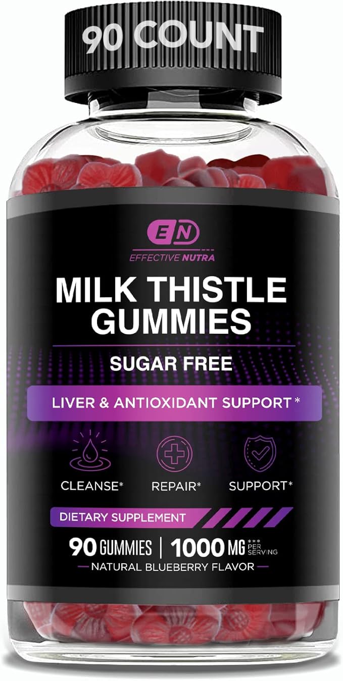 Effective Nutra Milk Thistle Gummies | Sugar-Free Milk Thistle Extract 1000mg for Liver Detox & Antioxidant Support | Vegan, Gluten-Free| 45-Day Supply, Natural Berry Flavor, Made in USA (90 Count)