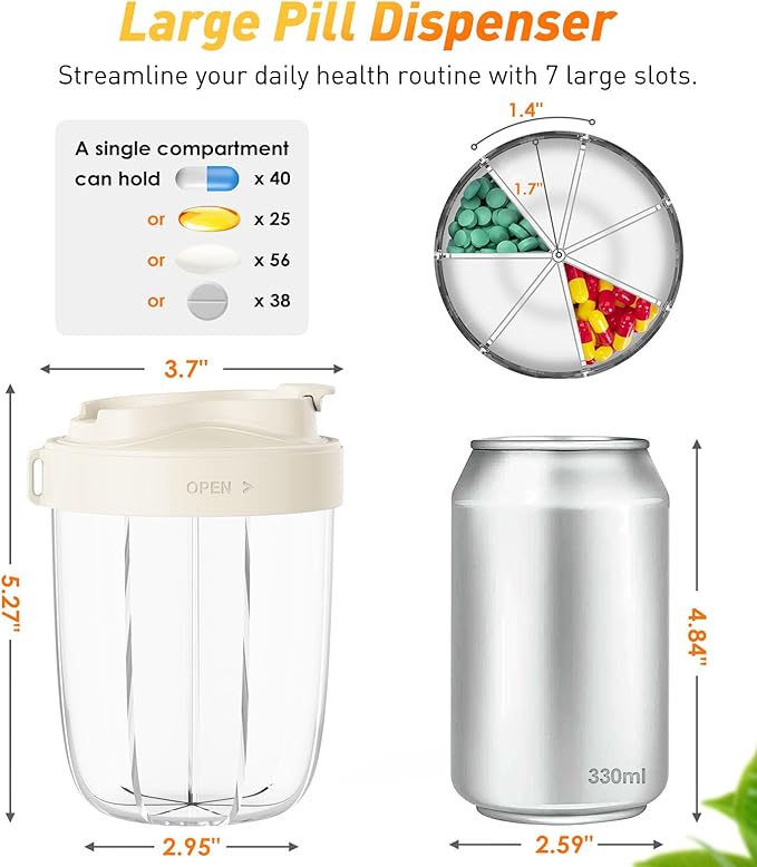 Pill Dispenser with 7 Large Compartments - Portable Pill Organizer for Travel, Anti-Mix Design & Wide Opening Design, Easy Access to Vitamin Dispenser, Includes 20 Blank Stickers (White)