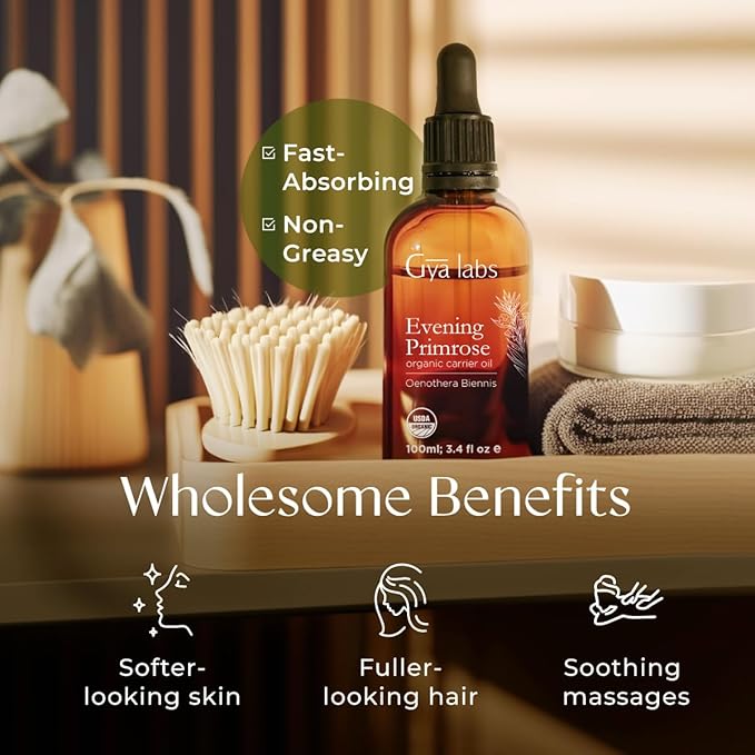 Gya Labs Organic Evening Primrose Oil for Dry Skin (3.4 fl oz) & Carrot Oil for Hair (1 fl oz) Set - Aromatherapy Grade Essential Oils Set