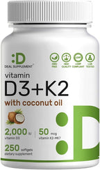 DEAL SUPPLEMENT Vitamin D3 2,000 IU + K2 MK7 50mcg Softgels | 2-in-1 Complex with Virgin Coconut Oil | Supports Heart, Bone, Teeth & Immune Health | Easy to Swallow
