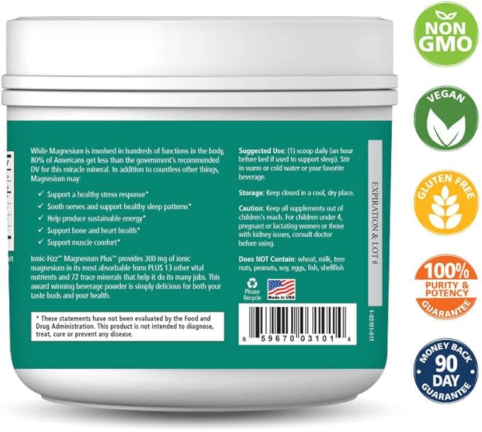 Pure Essence Labs Ionic Fizz Magnesium Plus, Anti-Stress Supplement Drink Powder, Gluten Free and Non-GMO Magnesium Powder (Raspberry Lemonade, 6.03 Ounce (Pack of 1))