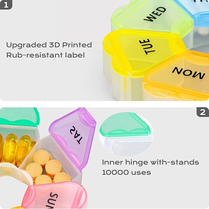 Pill Organizer Weekly - Cute Medicine Pill Organizer 7 Day, Large Daily Pill Box for Travel, SHIJOINYU Pill Dispenser Case 1 Time a Day for Medication/Supplement/Fish Oil (Rainbow)