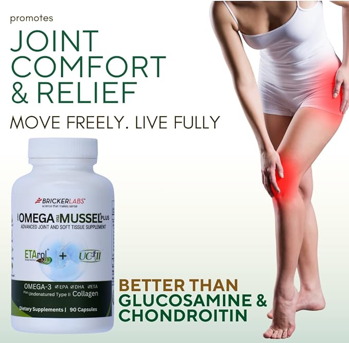Bricker Labs Omega Cyclo - Mussel Plus UC-II, Premium NZ Green Lipped Mussel Plus UC-II Undenatured Type II Collagen, the Ultimate Joint Supplement for Joint Health and Comfort, 90 Capsules