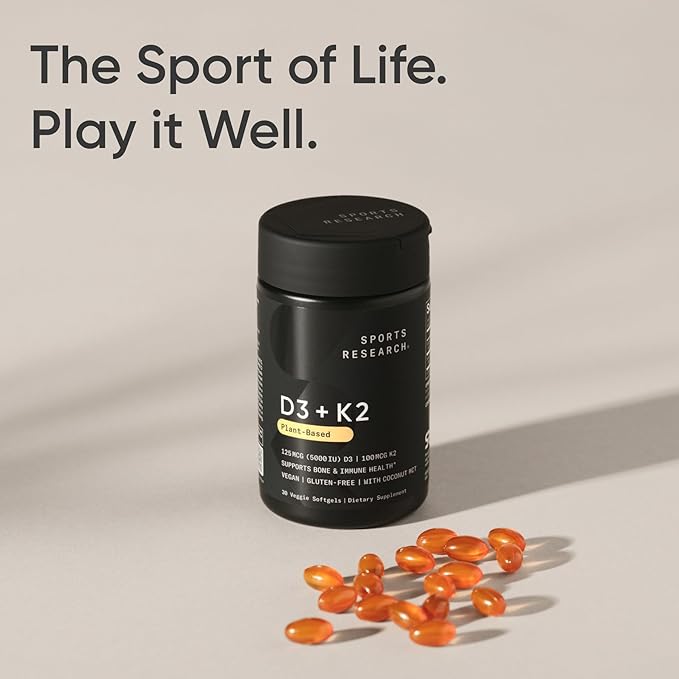 Sports Research® Vitamin D3 + K2 w/Coconut Oil - Vegan Vitamin D 5000iu (125mcg) & Mk7 Vitamin K 100mcg for Bone & Immune Support - Vegan Certified · Non-GMO · Soy Free - 30 Softgels