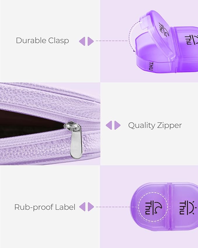 AMOOS Cute Pill Organizer 2 Times a Day, PU Leather Pill Case for Women, Portable Weekly Pill Box for Purse with Storage Bag to Hold Vitamins, Medications, Fish Oils, Supplements (Purple)