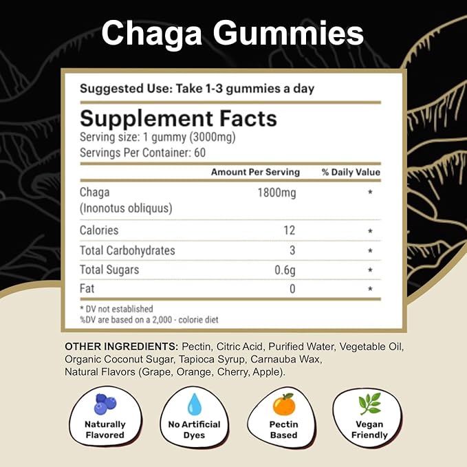 Chaga Mushroom Gummies — Antioxidant Immune Support Supplement - Dietary Mushroom Supplement - 60 Gummies - Made in USA - Shrooms for Health - Organic Vegan Frendly