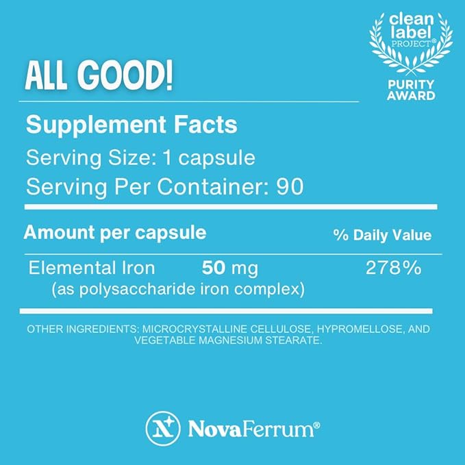 NovaFerrum All Good | Iron Capsule Supplements for Adults | Anemia | 50mg of Iron | 30 Servings | Sugar Free | Vegan | Gluten Free (Pack of 2)