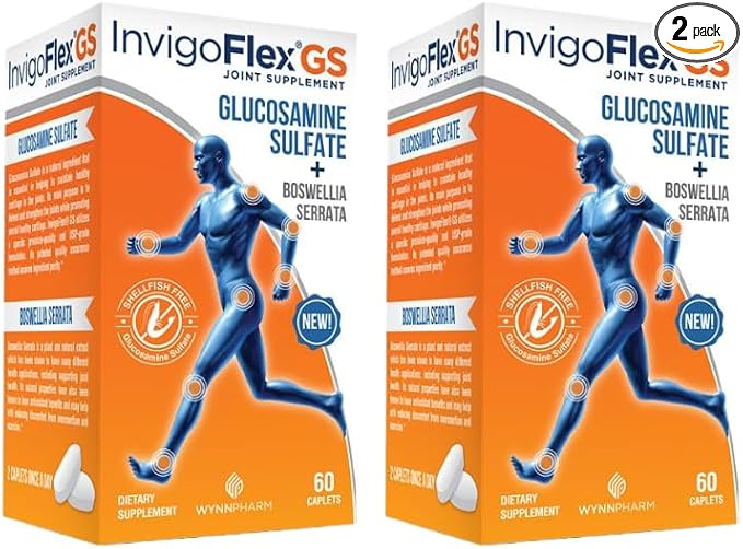 INVIGOFLEX Glucosamine Sulfate (Shellfish Free, Sodium Free & Vegetarian Safe) Non GMO, Gluten Free - with Boswellia Serrata - Premium Joint Supplement GS - 2 Pack