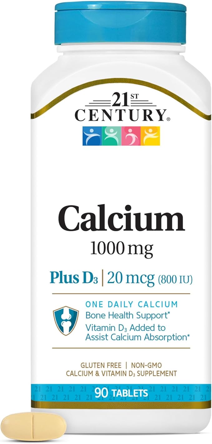 21st Century Calcium Plus D3 Tablets, (90 Count), 1000mg Calcium with Vitamin D3 20mcg (800 IU), Gluten-Free & Non-GMO, Bone Health Supplement for Men & Women, No Added Yeast or Artificial Flavors