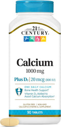 21st Century Calcium Plus D3 Tablets, (90 Count), 1000mg Calcium with Vitamin D3 20mcg (800 IU), Gluten-Free & Non-GMO, Bone Health Supplement for Men & Women, No Added Yeast or Artificial Flavors