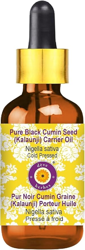 Deve Herbes Pure Black Cumin Seed (Kalaunji) Carrier Oil (Nigella Sativa) with Glass Dropper Cold Pressed 10ml (0.33 oz)