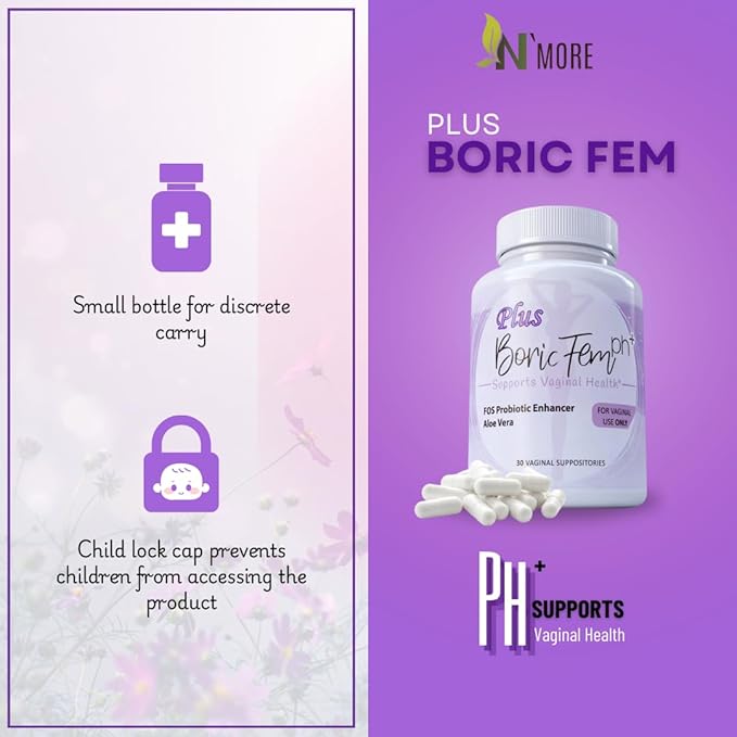 N'More Boric Acid Vaginal Suppositories Plus Aloe Vera & FOS Probiotic Enhancer 800mg/, 30 Count All Natural Made in USA