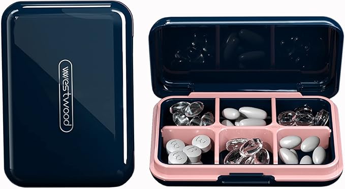 DUBSTAR Travel Pill Organizer Moisture Waterproof Small Pill Box for Pocket Purse 6 Compartments Portable Pill Case Medicine Vitamin Holder Container Blue