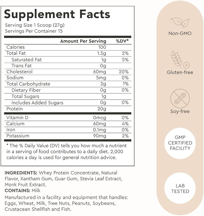 Alaya Naturals - Grass Fed Whey Protein Powder - Vanilla Flavor, All Natural, Hormone Free - 20g Protein per Serving - Non-GMO, rBGH Free, Gluten Free - Great Source of BCAA