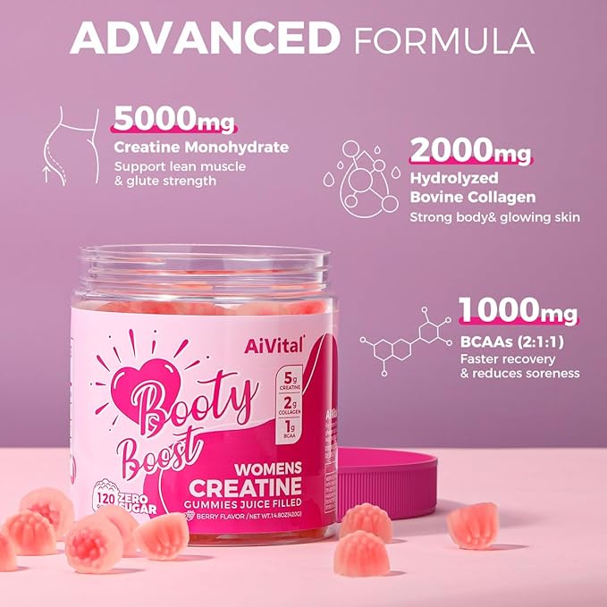 AiVital™ Creatine Gummies for Women, 5000mg Creatine Monohydrate Gummies+2000mg Collagen+1000mg BCAA, Women-Specific Formula, Sugar Free, 30 Servings, 120 Counts(Berry)