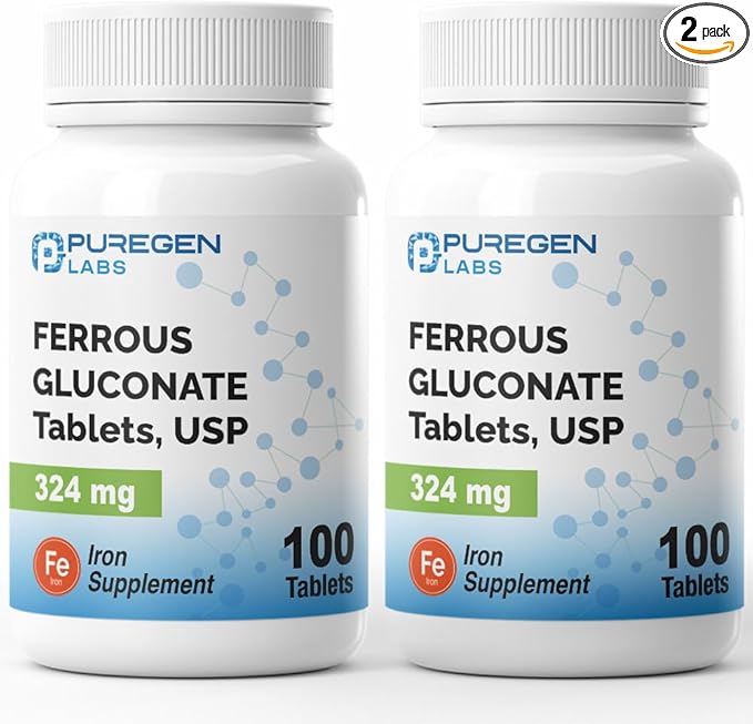 Puregen Labs Ferrous Gluconate 324 mg [High Potency] Iron Supplement, Gentle on Stomach | 2 Pack - 200 Tablets Total