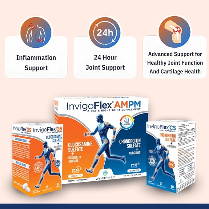 INVIGOFLEX® AMPM - Glucosamine & Chondroitin Sulfate - Turmeric Curcumin - Boswellia Serrata (Non GMO) for Knees, Hands, Back and Hip 24 - Hour Premium Joint Supplement