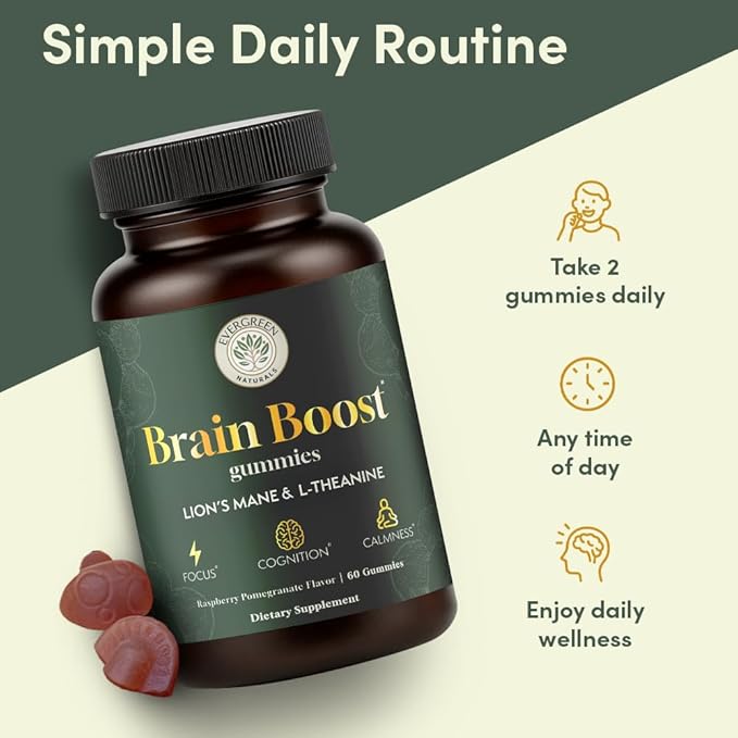 Lion’s Mane Mushroom Gummies 10:1 Extract with L-Theanine 200mg - Nootropic Cognitive Support for Focus, Memory & Calm Energy - Vegan, Non-GMO, Gluten-Free - Pomegranate Raspberry Flavor - 60 Count