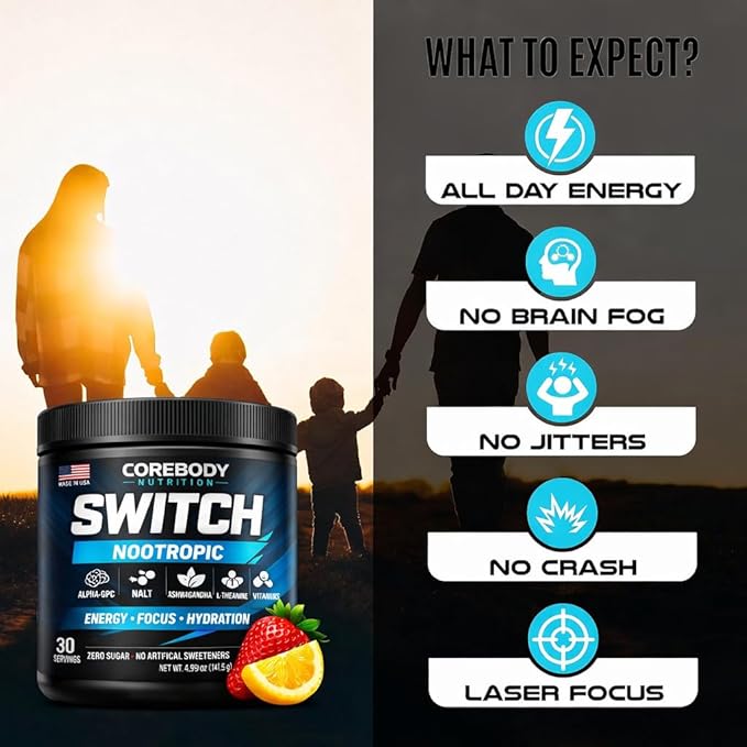 Switch, Brain Boosting Nootropic Energy Supplement Powder - Made in USA - Alpha GPC, NALT, Ashwagandha, Sugar Free Energy, Keto, Increase Mental Focus & Cognitive Function, Enhances Mood & Memory
