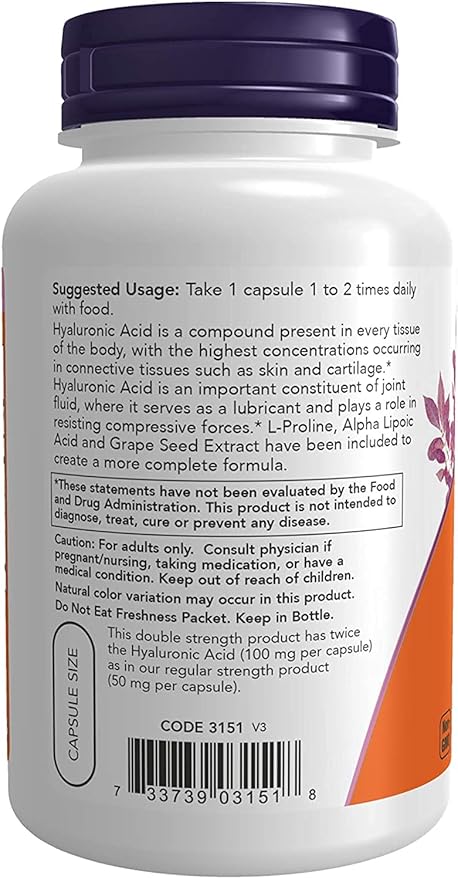 NOW Foods - Hyaluronic Acid 100 mg - 120 Veg Capsule (Pack of 2)