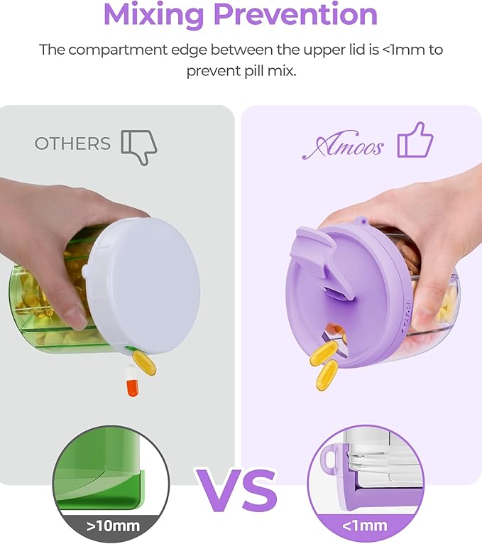 AMOOS Cute Pill Dispenser with 7 Large Compartments, Portable Pill Bottle Organizer with Wide Opening for Easy Use, Anti-Mix Pill Organizer for Travel, BPA-Free Pill Container, Purple