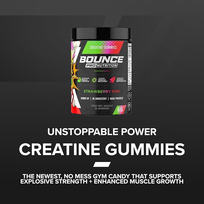 Bounce Pro Creatine Monohydrate Gummies for Men & Women, Low Calorie, 6G of Creatine per Serving, Vegan, Anti-Melting, Gluten-Free, Non-GMO (51 Count (Pack of 1), Strawberry Kiwi)