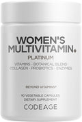 Codeage Women’s Multivitamin Platinum - Vitamins A D3 K1 K2 B12 & Minerals, CoQ10, Skin, Hair & Nails Complex, Collagen, Botanicals, Probiotics, Fermented Greens, Lutein, Astaxanthin - 90 Capsules