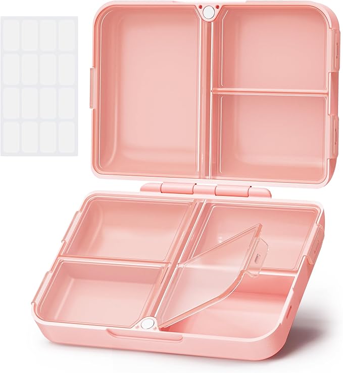 AUVON Daily Pill Organizer Fit with Your Purse or Pocket, Compact Travel Pill Box Case with Slim Folding Design and Long-Lasting Hinges to Hold Vitamin, Fish Oil, Supplement or Jewelry(Pink)