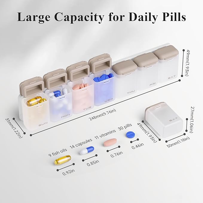KOVIUU Weekly Pill Organizer Magnetic for Fridge, Removable Pill Box 7 Day 1 Time a Day, Large Pill Case Travel, Week Once Daily Dispenser, Medicine Container Holder for Supplement Vitamin, Brown