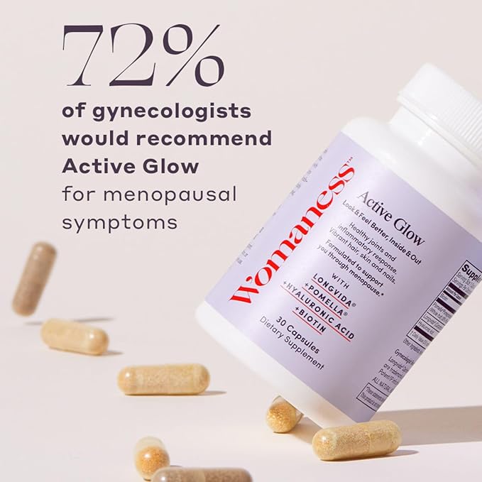 Womaness Active Glow Hair Skin and Nails Vitamins for Women - Hair Growth Vitamins with Hyaluronic Acid - Biotin and Curcumin - Nail Care, Joint Support and Glow Supplements for Dry Skin - 30 Capsules