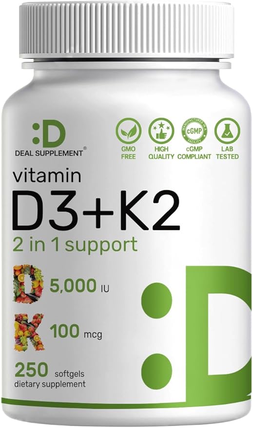 DEAL SUPPLEMENT Vitamin D3 5,000 IU + K2 MK7 Softgels, 250 Count | 2-in-1 Complex | Easy to Swallow
